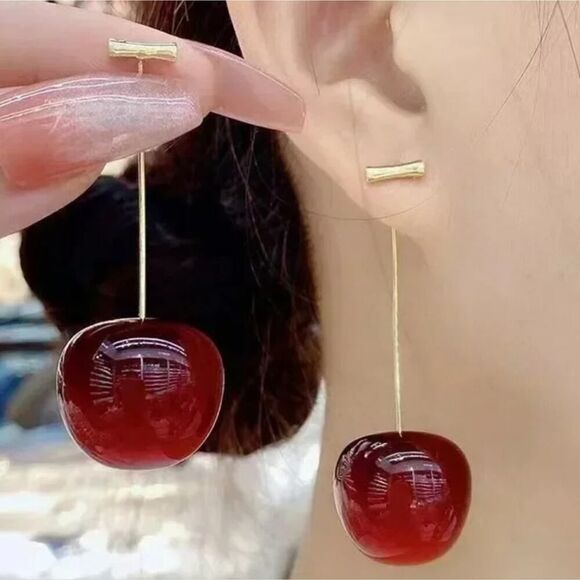 Cherry Earrings Red Fruit Fashion Jewelry Size 0.83''x1.7'' - Picture 3 of 10
